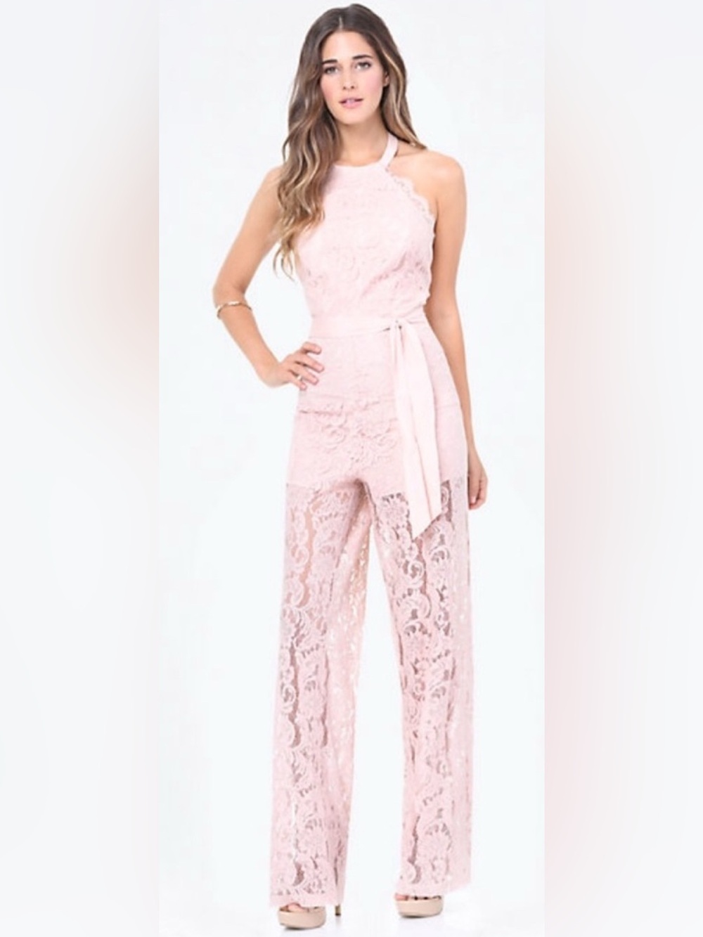 NWT - Bebe Halter Scallop Lace Jumpsuit in Passion - Size 8